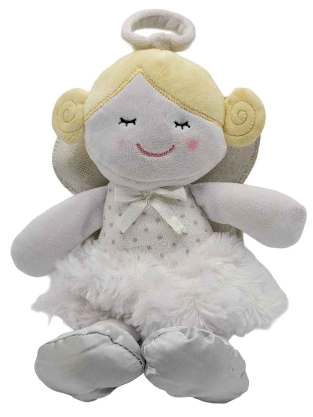 Baby Gear Angel Soft Doll White Silver 13.5" Fuzzy Skirt Satin Wings Halo Girl